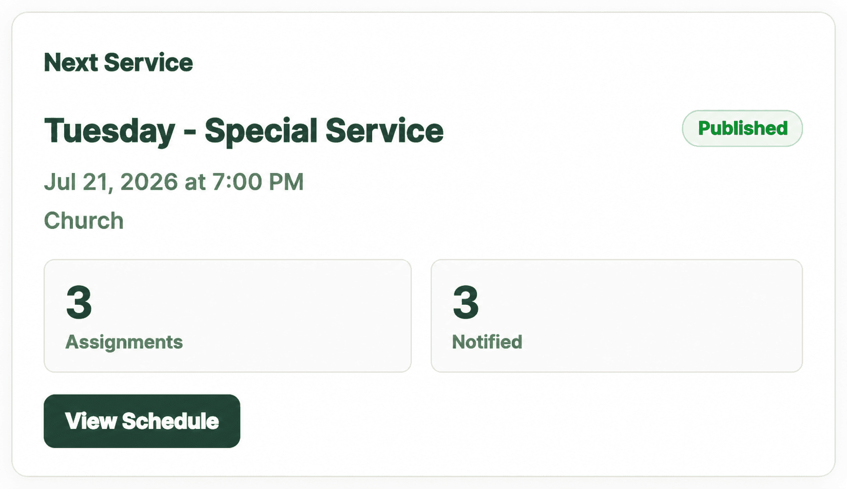 Next Service summary for Tuesday – Special Service