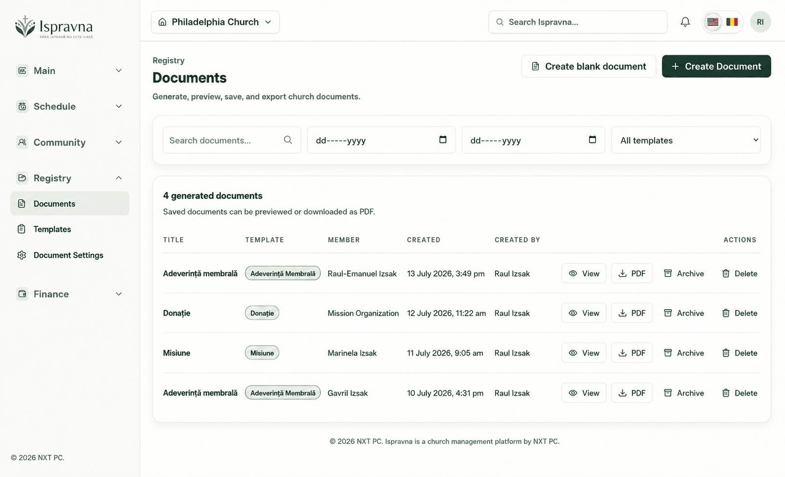 Ispravna registry with four generated documents