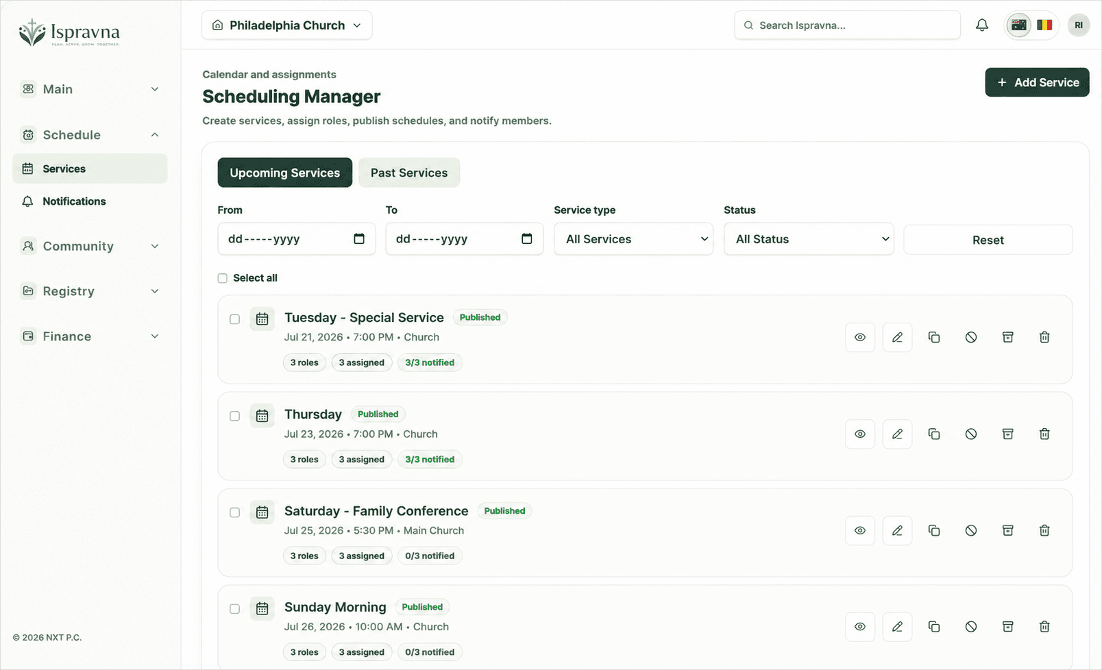 Ispravna Scheduling Manager with upcoming services