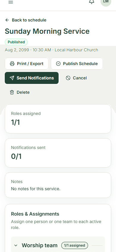 Ispravna service assignment details on a mobile screen