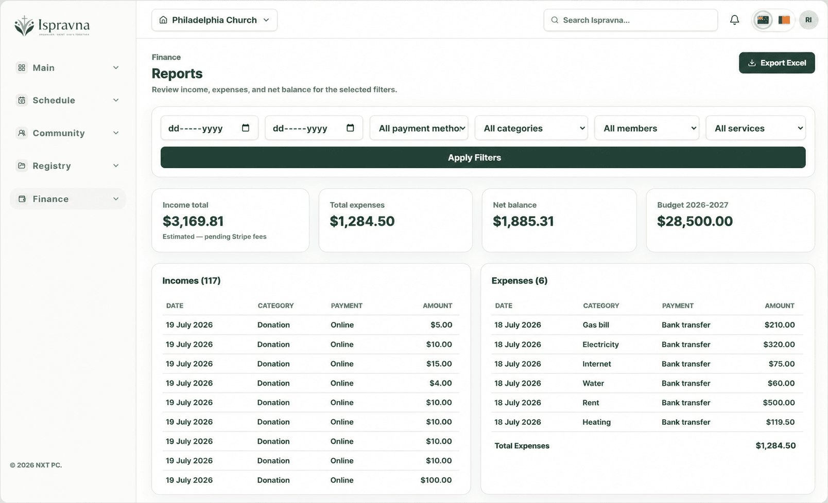 Ispravna finance report with income and expenses