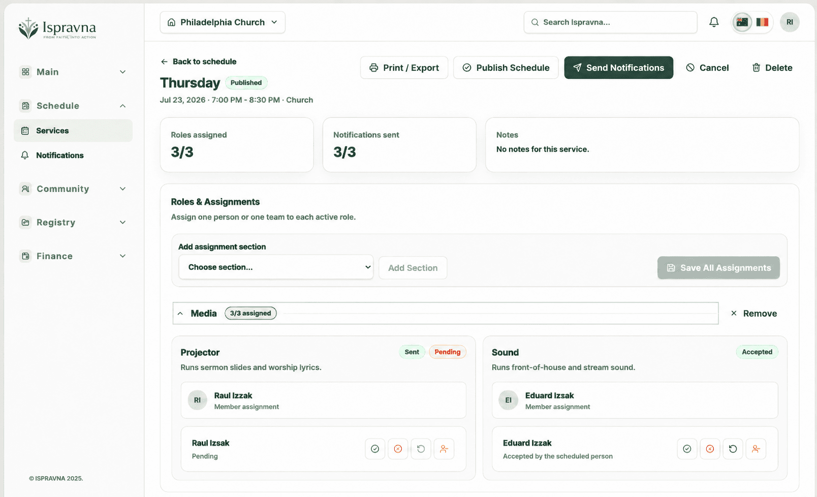 Ispravna service detail with roles and assignments